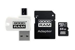 Mälukaart GoodRam microSDHC 64 GB CL10 + adapter + kaardilugeja hind ja info | Mobiiltelefonide mälukaardid | kaup24.ee