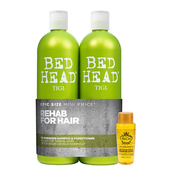 Komplekt TIGI Bed Head Re-Energize: šampoon 750ml + palsam 750ml + RICH Argan Oil juukseõli 30ml hind ja info | Šampoonid | kaup24.ee
