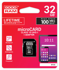 Mälukaart Goodram microSD 32Gb (class 10) + SD adapter hind ja info | Mobiiltelefonide mälukaardid | kaup24.ee