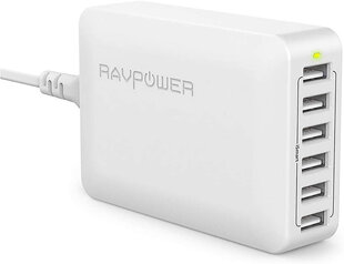 6-pordiline USB-laadija RAVPower RP-PC028, 60 W, valge hind ja info | Mobiiltelefonide laadijad | kaup24.ee