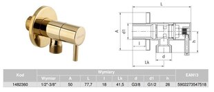 Nurgaklapp/ventiil 1/2"-3/8" keraamilise peaga segistile, kuldne hind ja info | Torude ühendused, ventiilid | kaup24.ee